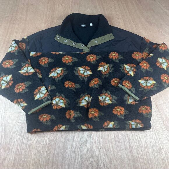 PacSun Floral Fleece Pullover 🌸 XS Black Orange Cozy Snap Collar Fall Vibes - Picture 1 of 5